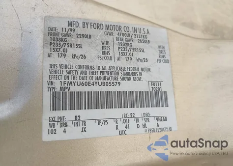 2000 Ford Explorer Sport z USA, uszkodzony, nr VIN 1FMYU60E4YUB05579